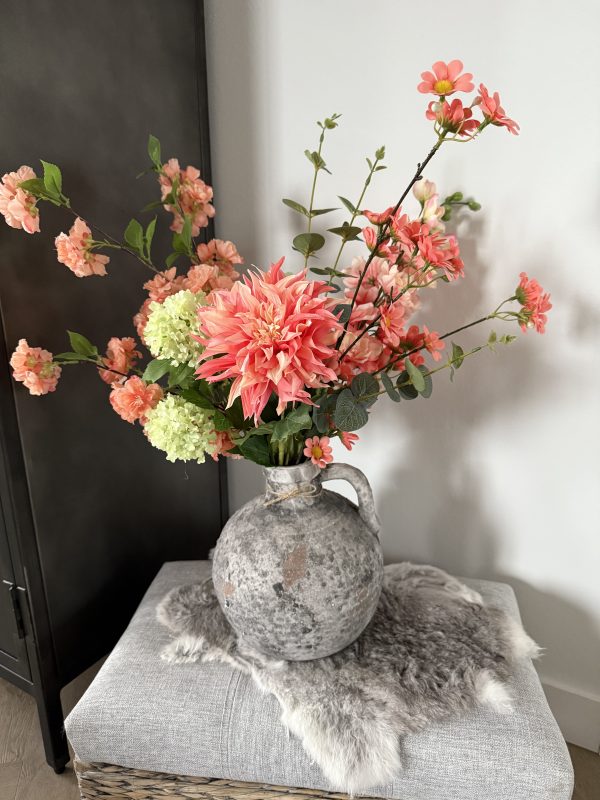 Peach Bliss – Zijde boeket in stenen kruik